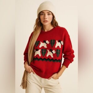 Vintage 90s Bryn Connelly Scottie Dog Christmas Sweater Size L Red Navy Trim